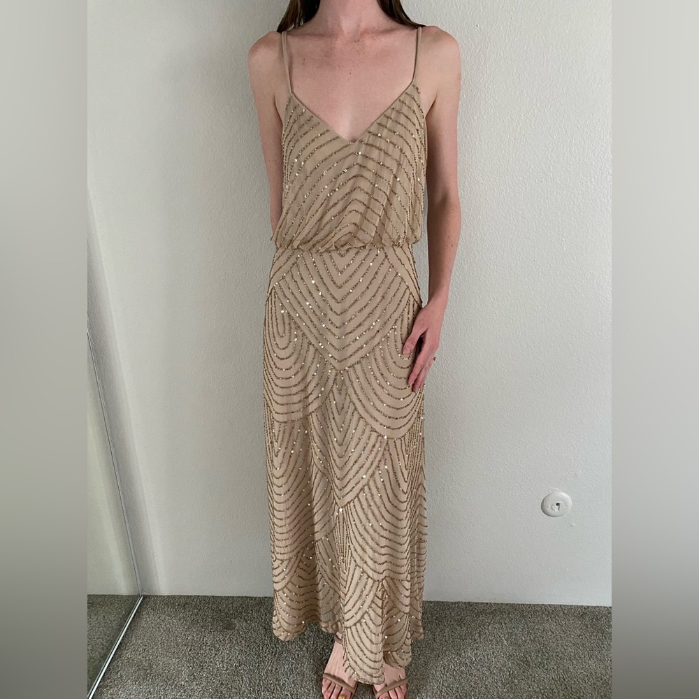 Adrianna Pape Dress Art Deco Beaded Gold Gown